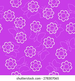 Simple schematic outline white flowers and butterfly on a pink background. Floral seamless texture, endless pattern with flower and butterfly