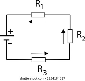 einfaches Schaltschema für elektrische Serienschaltung mit vier Widerständen und Batterienzellen, die mit weißem Kreide auf der Tafel skizziert sind