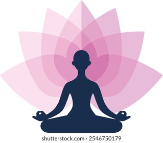 Simple schematic silhouette of a person practicing yoga sitting in a lotus position. Vector flat illustration yoga symbol