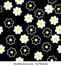 Simple schematic white flowers on a black background. Floral seamless texture, endless pattern with flowers.