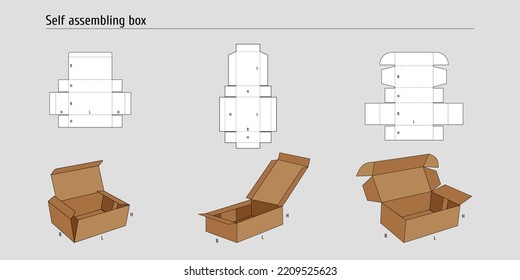 Simple Scheme Template self assembling box. Layout for laser cutting of a cardboard box. Three types of simple boxes for goods.