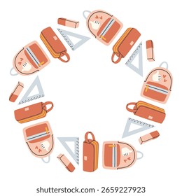 Simple school circle frame. Round school themed border made of different school objects. Soft pastel colors back to school hand drawn vector banner isolated on white background.