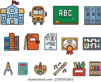 Simple school icons set. School, bus, blackboard, books, notebook, pencil, exam paper, abacus, compasses, calculator, paint, flute.