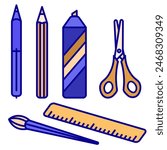 A simple school pen, a ruler that lies flat, a marker, a pencil, paper scissors, and a brush. The icons are colored and made on a white background for educational purposes