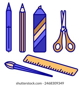 A simple school pen, a ruler that lies flat, a marker, a pencil, paper scissors, and a brush. The icons are colored and made on a white background for educational purposes