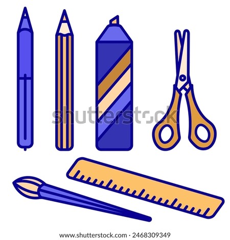 A simple school pen, a ruler that lies flat, a marker, a pencil, paper scissors, and a brush. The icons are colored and made on a white background for educational purposes