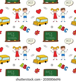 A simple school seamless pattern with a blackboard, a school bus, children. Background with isolated hand-drawn colorful doodle elements. Vector illustration.