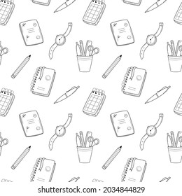 A simple school seamless pattern with a notebook, clock, stationery, notepad, pen. Black and white background with isolated hand-drawn doodle outline elements. Vector illustration