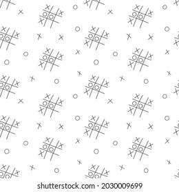 A simple school seamless pattern with a tic-tac-toe game. Black and white background with isolated hand-drawn doodle outline elements. Vector illustration