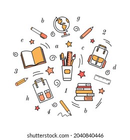 Simple school stationery icons. Doodles, pencil sketch, books, school satchel, globe, pens, marker, ruler. Back to school, education. Vector illustration on white background