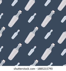 Simple science seamless ornament with hand drawn medicine flask print. Navy blue pale bacground. Designed for fabric design, textile print, wrapping, cover. Vector illustration