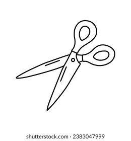 Simple scissors icon. Hand drawn stationery. Tool for cutting paper, fabrics, cardboard. Scissors for needlework, for hairdresser, barber. Contour, outline drawing. Vector illustration