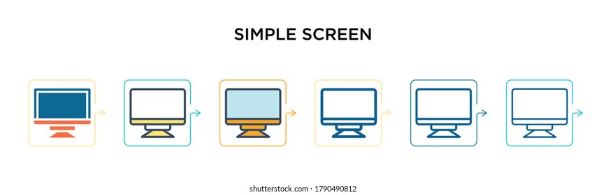 Simple screen vector icon in 6 different modern styles. Black, two colored simple screen icons designed in filled, outline, line and stroke style. Vector illustration can be used for web, mobile, ui