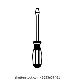 A simple screwdriver shown in a clean line art style. A minimalist outline icon of a hand tool for workshops, repairs, or construction.