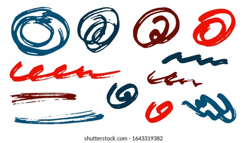 Simple scribble doodle graphic design vector elements.  Draft marker traces. Ink brush strokes, circular swirls, wave lines. Scribble scratches, sketch doodle smudges. Uneven freehand drawings.
