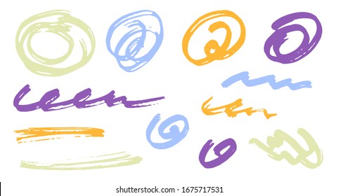 Simple scribble doodle graphic design vector elements.  Cartoon marker traces. Ink brush strokes, round swirls, wavy lines. Scribble scratches, sketch doodle daubs. Graffiti freehand drawings.