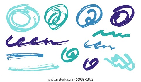 Simple scribble doodle graphic design vector elements.  Draft marker traces. Ink brush strokes, circular swirls, wave lines. Scribble scratches, sketch doodle smudges. Uneven freehand drawings.
