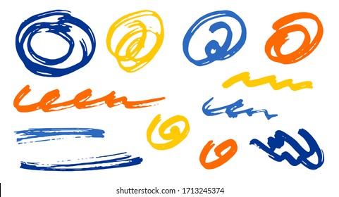 Simple scribble doodle graphic design vector elements.  Cartoon marker traces. Ink brush strokes, round swirls, wavy lines. Scribble scratches, sketch doodle smudges. Abstract freehand drawings.