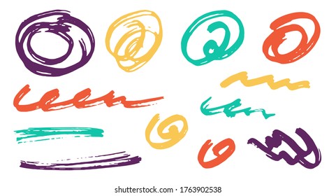 Simple scribble doodle graphic design vector elements.  Cartoon marker traces. Paint brush strokes, round swirls, wavy lines. Scribble scratches, sketch doodle smears. Abstract freehand drawings.