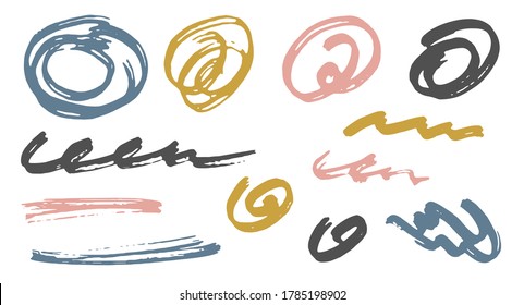 Simple scribble doodle graphic design vector elements.  Cartoon marker traces. Ink brush strokes, round swirls, wavy lines. Scribble scratches, sketch doodle smears. Graffiti freehand drawings.