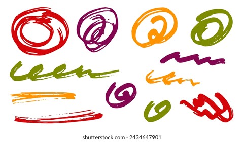 Simple scribble doodle graphic design vector elements.  Cartoon marker traces. Ink brush strokes, circular swirls, wave lines. Scribble scratches, sketch doodle blots. Graffiti freehand drawings.