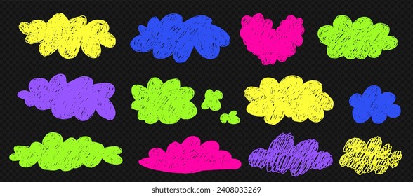 Simple scribble vibrant clouds set. Cute and kawaii elements collection on transparent bg like a png. Vector naive art illustration