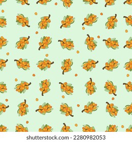 Simple sea buckthorn seamless pattern. Bright sea buckthorn berries, twigs and leaves. Vector outline drawn illustration. Template with berries for wallpaper, fabric, packaging