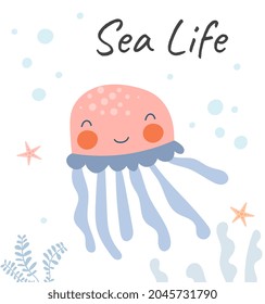 Simple sea life. Jellyfish floats on seabed. Greeting and invitation card design. Baner and poster, hand drawing. Minimalistic style. Cartoon flat vector illustration isolated on white background