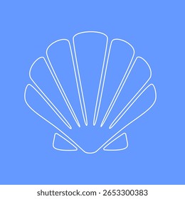 Gráfico simples da concha do mar em contorno branco no fundo azul, perfeito para o oceano, praia, ou marca com tema marinho, logotipos, ou decoração. Moderno e versátil.