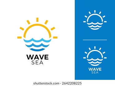 simple sea wave with sun circle logo vector design concept