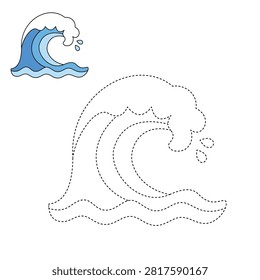 Simple sea wave trace and color worksheet for kids. Preschool educational worksheet with dashed tracing lines, colored reference illustration, and a simple ocean wave for tracing and coloring practice.