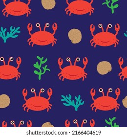 Simple sea world pattern. Cute crabs, seaweed and shells. Blue background. Fashionable print for children's textiles and wallpaper.