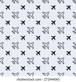 Simple seamless airplane icon and outline vector pattern. Main icon elements only, no ornament. Suitable for web and printing