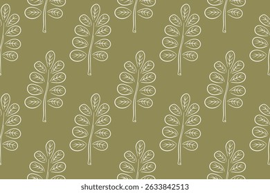 Simples padrão de outono sem costura com folhas de acácia em estilo de arte de linha. Design para têxtil, tecido, papel de parede, impressão, embrulho para presente, cartão postal em fundo verde.