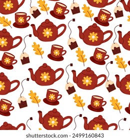 Simple seamless autumn pattern with autumn leaves, rose hips and hot coffee. For wallpaper, gift paper, patterns, background, greeting cards. Fall