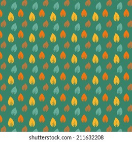 Simple seamless autumn vector pattern with colorful leaves ?n green background. Endless texture can be used for web design, printing onto fabric and paper or scrapbooking.