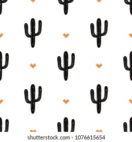 Simple Seamless Background With Cactus Image. Gold And Black Cactus. Pattern. Vector Illustration