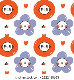 Simple seamless background with cute baby faces, kawaii pomegranate, flower in doodle style. Flat hand drawn pattern summer  for wrapping paper, children merch, baby shower, fabric, textile, stickers