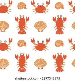 Simple seamless background with cute sea animals, crab, crayfish, shell, shellfish style. Flat hand drawn summer pattern for wrapping paper, children merch, baby shower, fabric, textile, stickers