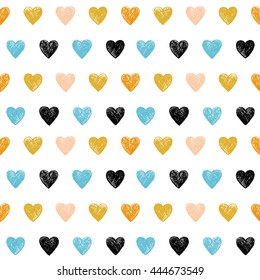 Simple seamless background with a hearts. Lovely pattern in gold and blue colors.