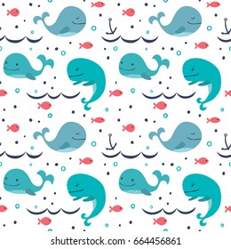 Simple seamless background with whales, fish and anchor.
