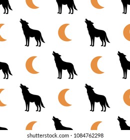 Simple seamless background with a wolf and moon image. Black and gold. Vector. Pattern .Vectoral illustration.