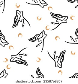 Simple seamless background with a wolf and moon image. Black and gold. Vector. Pattern .For clothing, fabrics, diapers, wrapping paper, postcards, covers, bags, dishes, baby products, backpacks.Vector