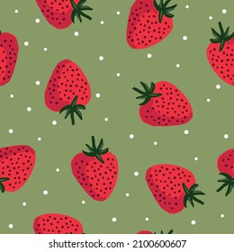 Simple seamless berry pattern. ripe strawberries and white dots. Green background. Graphic stylized drawing. Fashionable print for textiles and packaging.