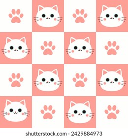 A simple seamless checkered pattern with cats' faces and paws. Vector graphics.