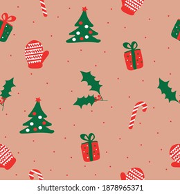 Simple seamless christmas pattern . caramel cane, gifts and christmas trees, mittens. Coral background. vector texture. Fashionable print for textiles and wallpaper.