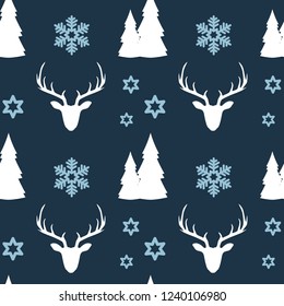 Simple seamless christmas pattern. Deer, forest and snowflakes on a dark blue background.