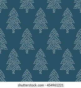 Simple Seamless Christmas Pattern -  Xmas Trees On Dark Blue Background. Happy New Year Background. Vector Winter Holidays Design For Textile, Wallpaper, Fabric, Wallpaper. 