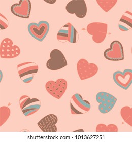 Simple seamless colorful retro pattern with hearts - doodle style. Valentines day cute vector background. 