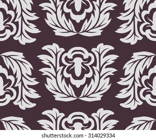 Simple seamless damask pattern with floral motives. Dark violet background, light blue elements. Good for textile printing, site fill and other purposes.